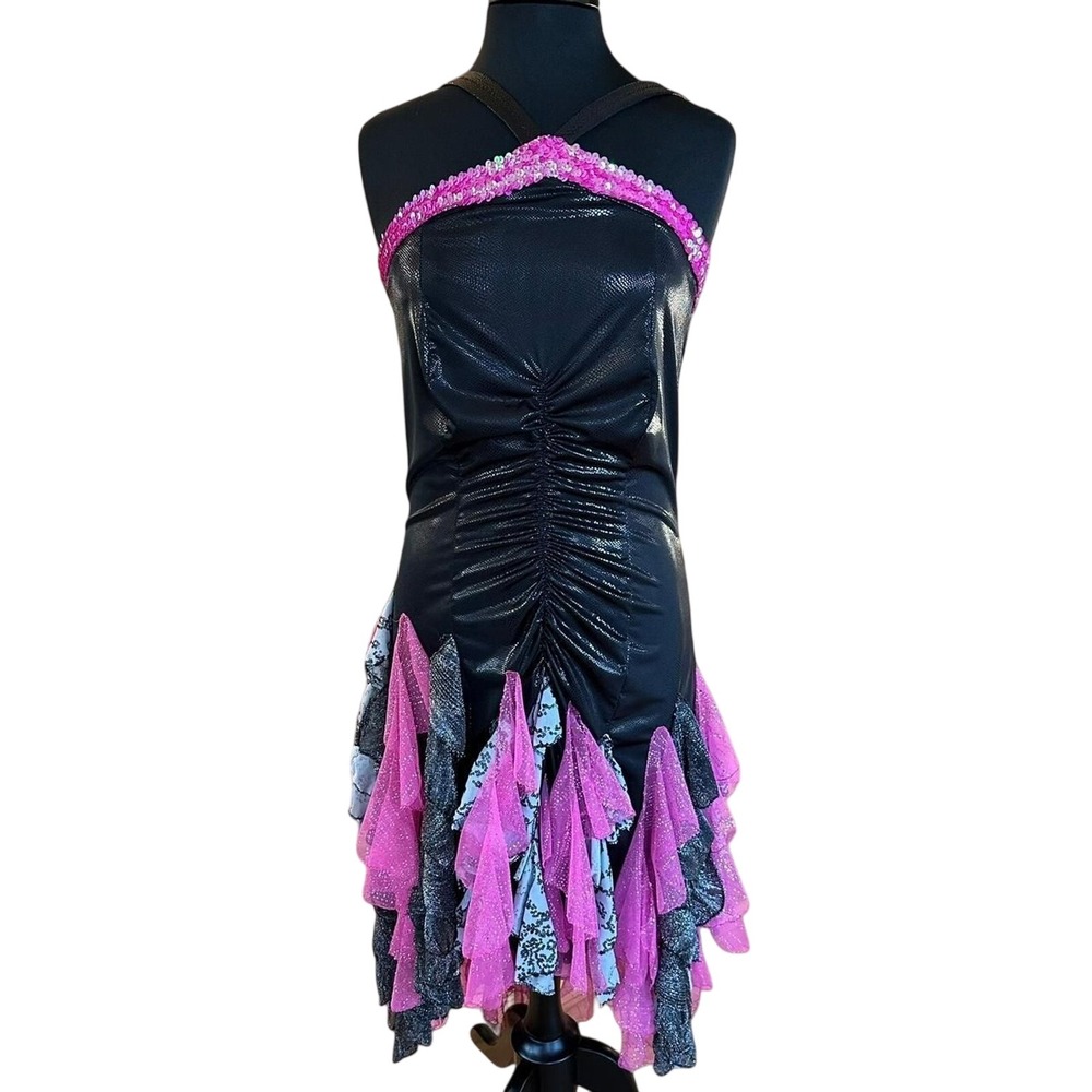 Black‎ Pink Metallic Midi Ruffle Dress Dancewear Whimsygoth Sequin Halter Large